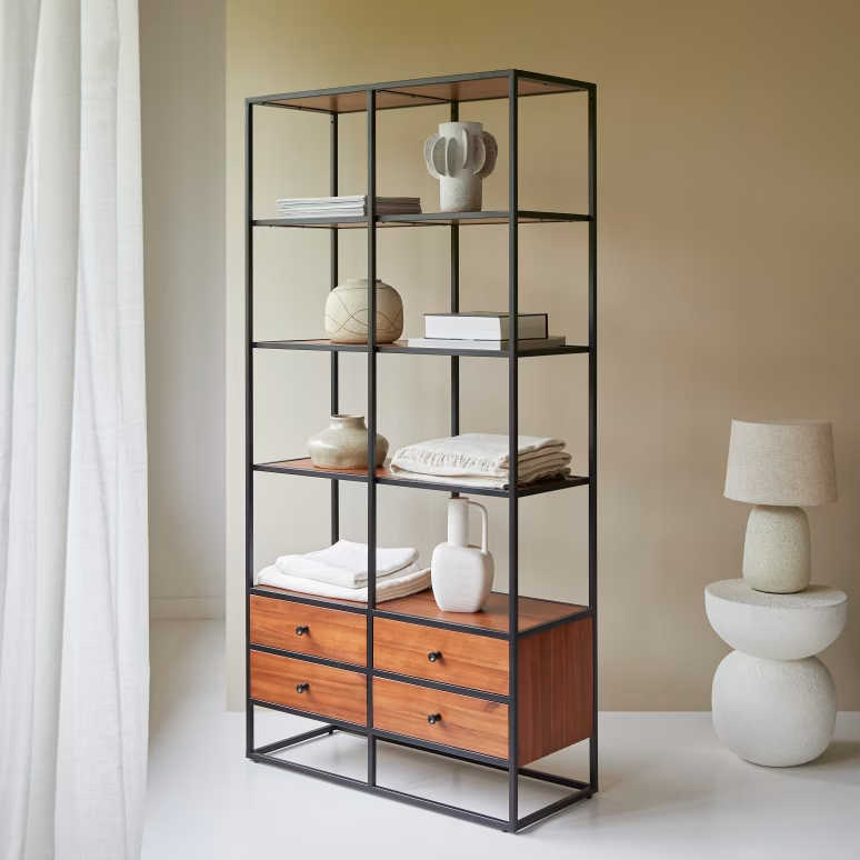 Arlo – Solid Acacia Wood Bookcase (4 Drawer, Metal Frame)