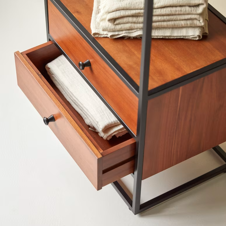 Arlo – Solid Acacia Wood Bookcase (2 Drawer, Metal Frame)