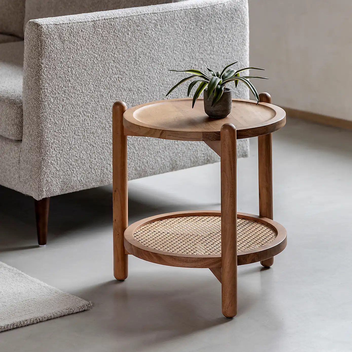 Boho – Solid Mango Wood Side Table (Round Shape, Rattan Shelf)