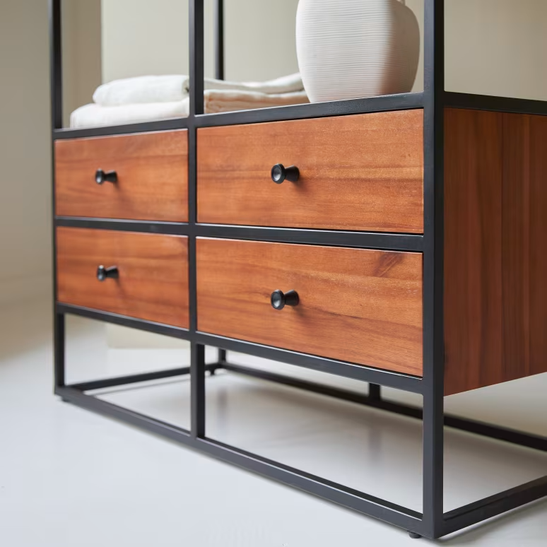 Arlo – Solid Acacia Wood Bookcase (4 Drawer, Metal Frame)