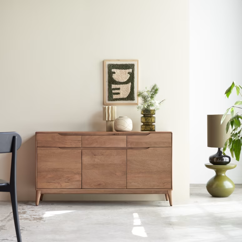 Eliana – Solid Mango Wood Sideboard (145 cm, 3 Doors, 3 Drawers)
