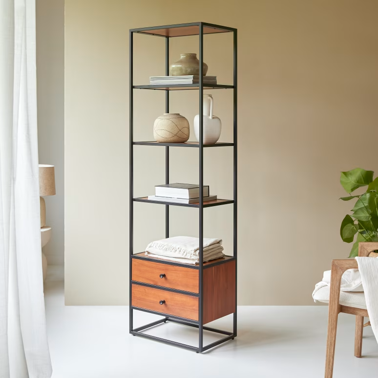 Arlo – Solid Acacia Wood Bookcase (2 Drawer, Metal Frame)