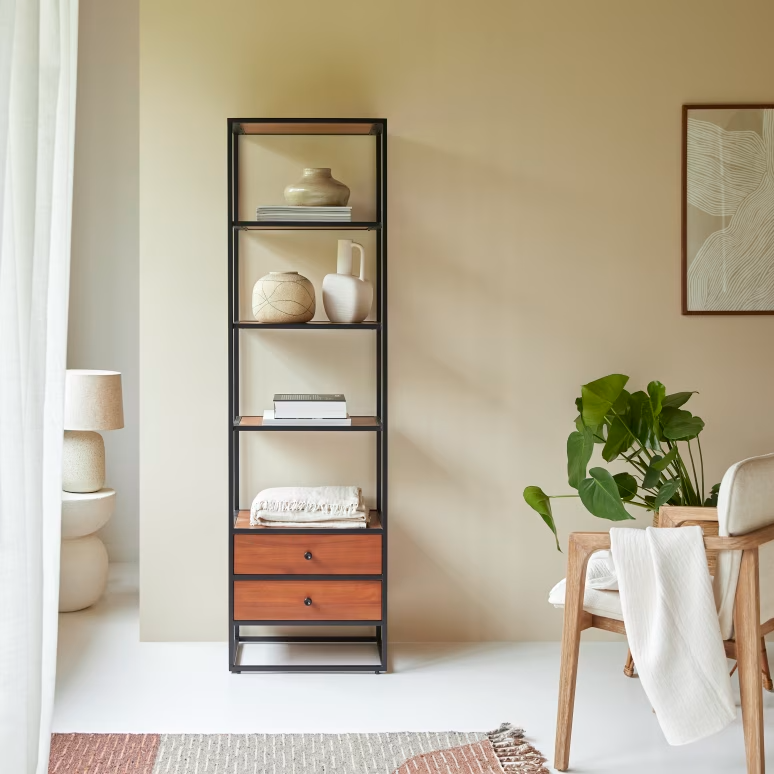 Arlo – Solid Acacia Wood Bookcase (2 Drawer, Metal Frame) — alternate view