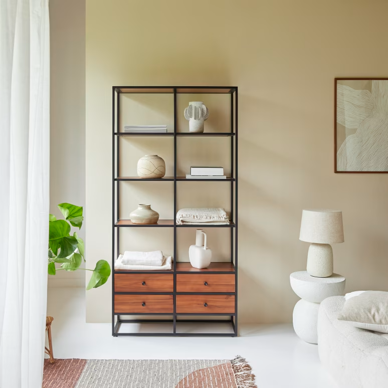 Arlo – Solid Acacia Wood Bookcase (4 Drawer, Metal Frame) — alternate view