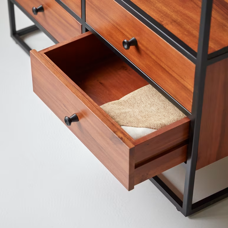 Arlo – Solid Acacia Wood Bookcase (4 Drawer, Metal Frame)