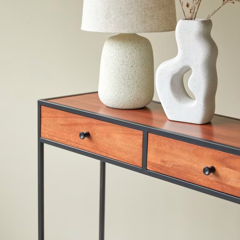 Arlo – Solid Acacia Wood Console Table (2 Drawer, Metal Frame)