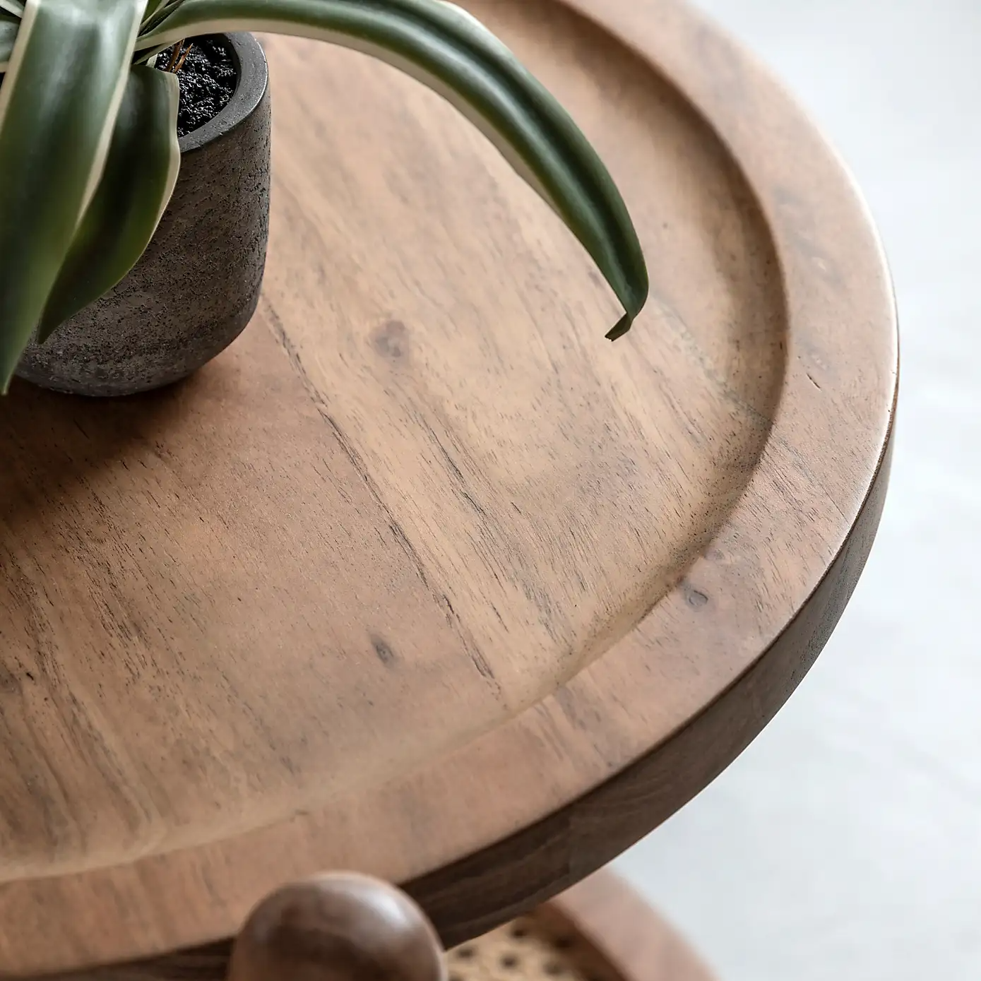Boho – Solid Mango Wood Side Table (Round Shape, Rattan Shelf)